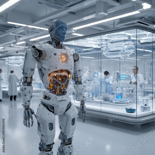 Obraz na płótnie Futuristic Robot Engaged in Complex Experiments Inside a High-Tech Laboratory Environment with Advanced Equipment and Bright Illuminated Space w salonie