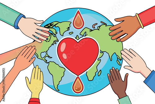 Diverse hands reaching for a heart shaped blood drop, signifying worldwide collaboration and care in supporting blood donation efforts Blood donation day