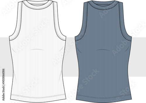 Women's ribbed tank top, casual wear. Activewear t-shirt fashion technical drawing, flat sketch. Cad, Mockup.