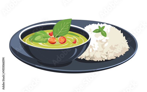 Green Curry with Rice - Vector Illustration