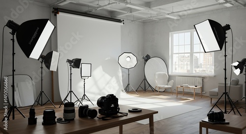 Photo Studio Setup with Equipment, Lights and Backdrop Ready for Shooting