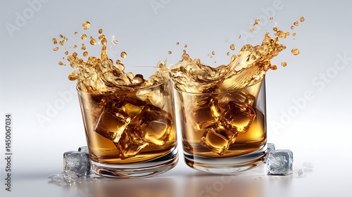 Whiskey splash mockup celebration alcohol cheers isolated glass collision freeze drink splash background white