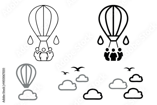 Blood Donation Day line art icon set showcasing various hot air balloon illustrations with blood donation bags, representing medical help and humanitarian aid