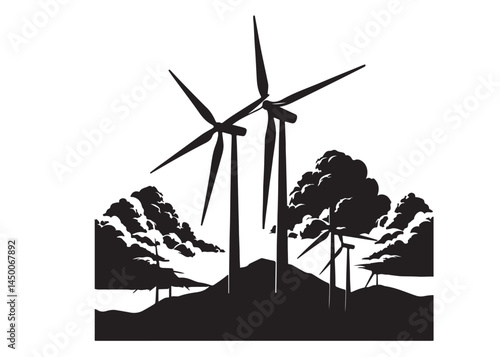 Wind power logo silhouette black vector, black wind turbine logo icon silhouette, wind power black silhouette of eco-friendly wind turbines silhouette vector on white background 