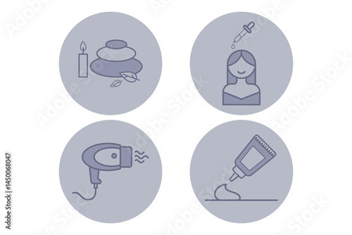 Collection of minimalistic icons representing beauty themes. Including stones, candle, woman with dropper, hair dryer, and styling gel
