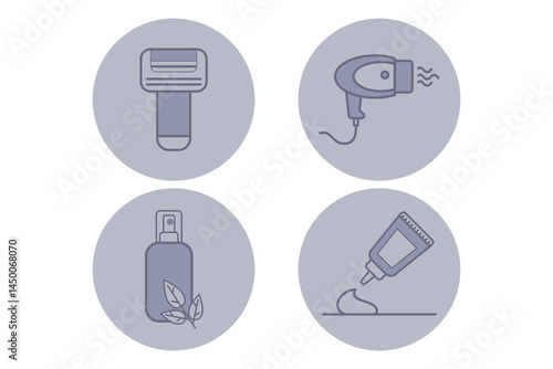 Collection of essential beauty tools including razor, hairdryer, spray bottle, and cream. Personal grooming and beauty routines concept