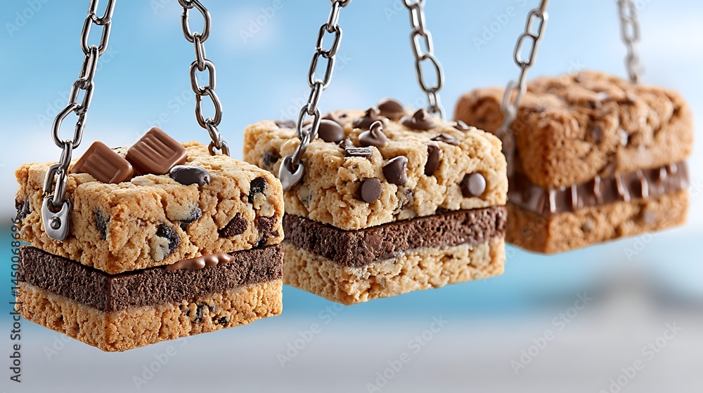 Obraz premium Delicious Chocolate Chip Cookie Bars Hanging on Chains Sweet Treats Dessert Photography