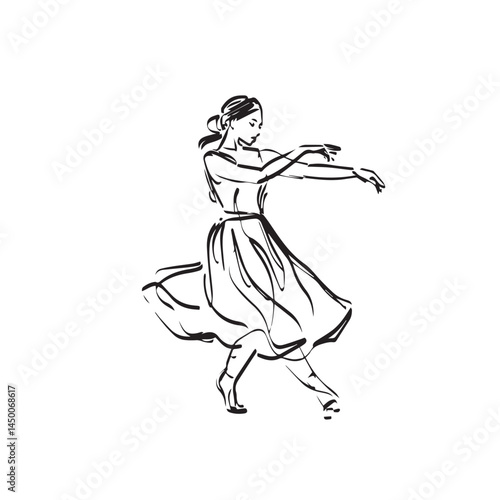 Dancing girl artistic silhouette - woman dancing silhouette - dancing woman vector - woman dancing doodle - dance illustration - dancing woman line art

