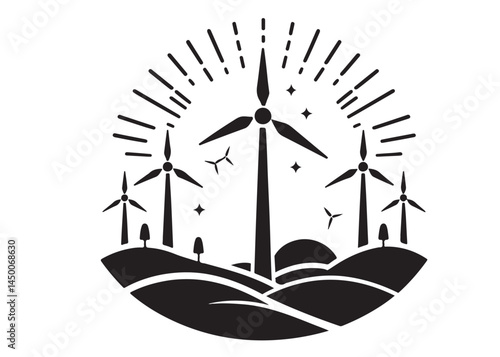 Wind power logo silhouette black vector, black wind turbine logo icon silhouette, wind power black silhouette of eco-friendly wind turbines silhouette vector on white background 