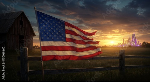 Flag Waving at Sunset Over Rural Field With Distant City
