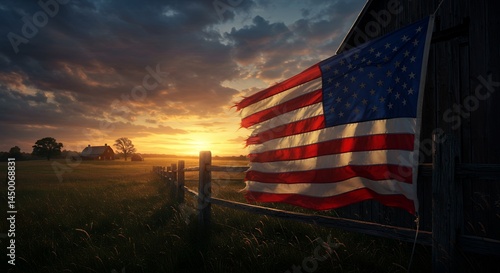 Flag waving at sunset over rural landscape with fence and building