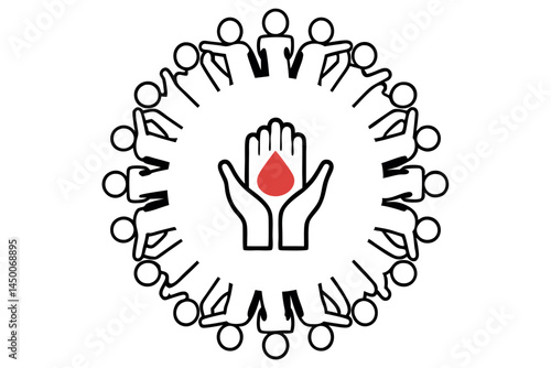 Blood Donor Day line art icon set showing hands holding a heart shaped blood drop, surrounded by community figures, symbolizing unity and the power of blood donation
