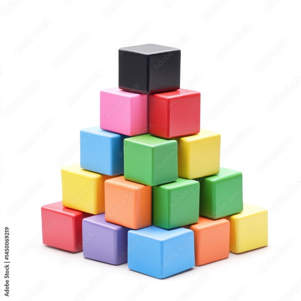 Fototapeta premium Colorful Wooden Blocks Pyramid, Stacked Cubes, Kid's Toy, Geometry, Education