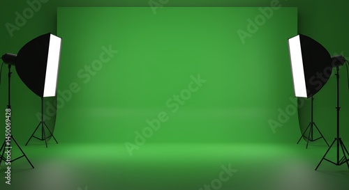 Studio Setup with Green Screen and Lighting Equipment for Photography