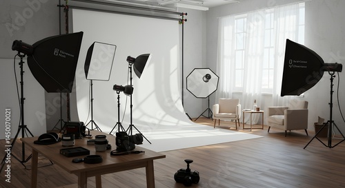 Photography Studio Setup with Equipment and White Backdrop Scene