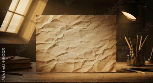 Crumpled Paper on Wooden Desk with Lamp and Window Light