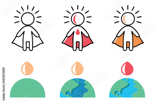 superhero figure with a red cape and blood drop emblem, signifying strength, health, and positive change, perfect for blood donation promotions, blood donor day line art icon set