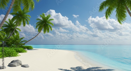Idyllic Tropical Beach Scene with Palm Trees and Turquoise Ocean View