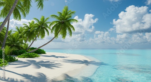 Tropical Island Beach with Palm Trees and Turquoise Water Under Cloudy Sky
