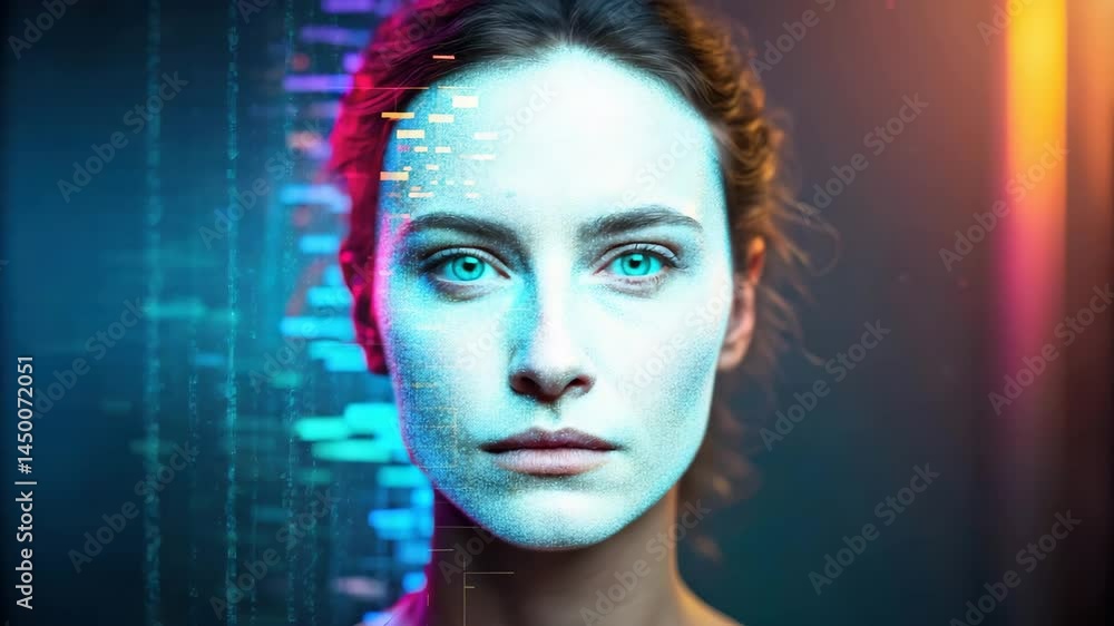 A striking portrait of a woman with a digital overlay, blending human features with abstract, colorful data patterns. A striking portrait of a woman with a digital overlay, blending human features with abstract, colorful data patterns.