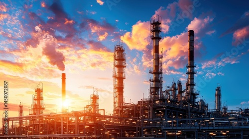 Wallpaper Mural Industrial facility illuminated by sunset, showcasing towering structures and vibrant clouds in the evening sky Torontodigital.ca