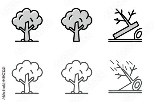 broken or collapsed branches, illustrating deforestation and natural degradation themes line art icon set