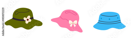 Vector set of decorative wide-brimmed women’s hats in pink, green, and blue, featuring bows and floral elements