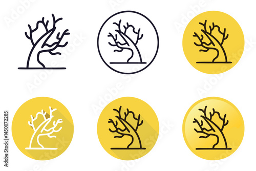 trees with cracked and fallen branches, symbolizing environmental challenges, climate change, or tree damage line art icon set