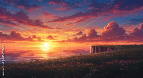 Sunset over the Ocean with Cliffside Meadow and Colorful Clouds