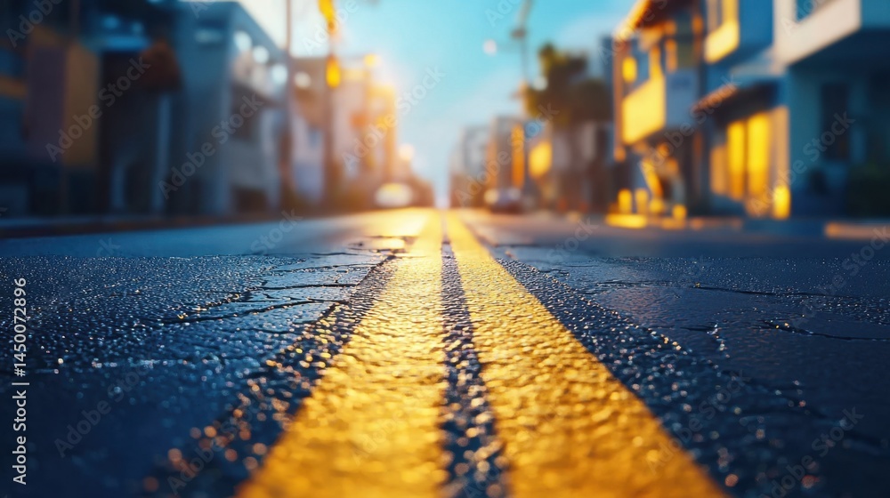 Urban street at dawn with wet pavement reflecting sunlight and vibrant buildings in the background Urban street at dawn with wet pavement reflecting sunlight and vibrant buildings in the background