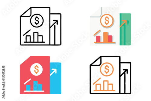 business financial reports with growth chart and dollar icon, upward trend in line art icon set