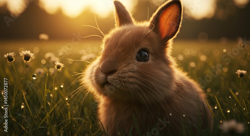 Rabbit Sitting in Meadow During Sunset with Soft Golden Light