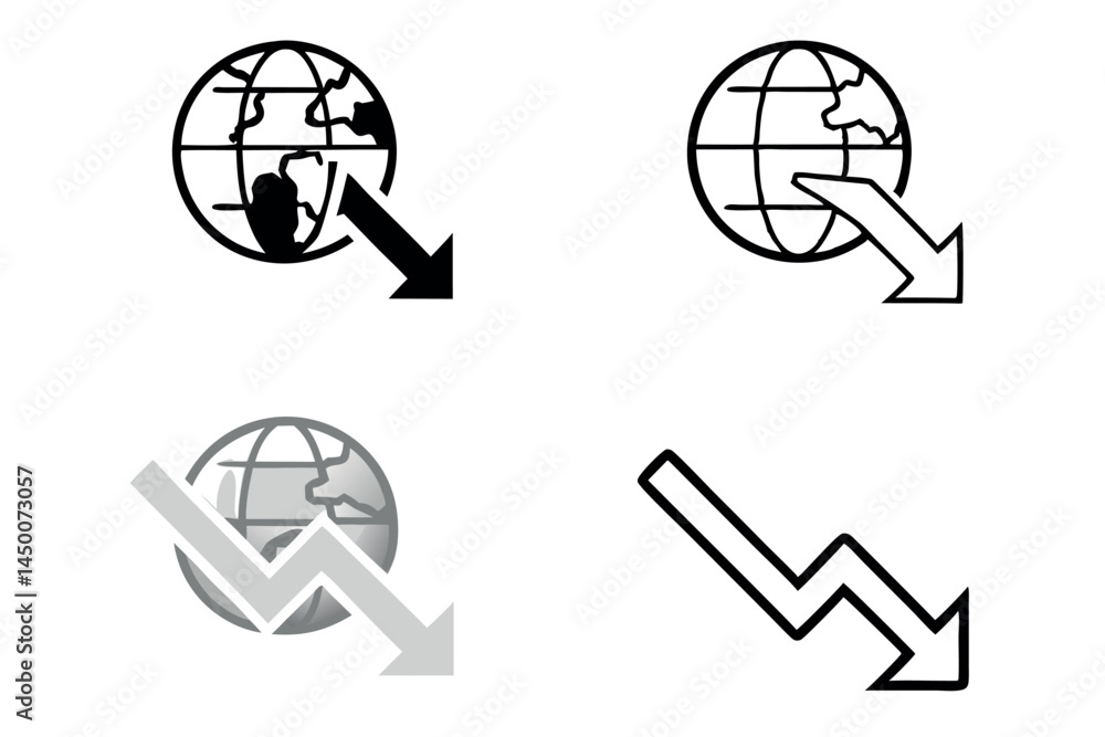 global recession and financial decline icon showing downward arrow and world economy, line art icon set global recession and financial decline icon showing downward arrow and world economy, line art icon set