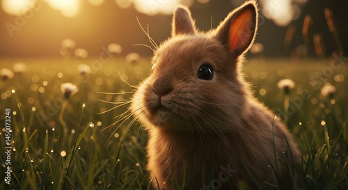Small Rabbit Sitting in Grassy Meadow at Sunset with Dandelions