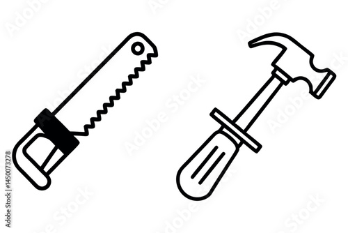 Saw and hammer illustration, tool icons for handyman services, carpentry, repair works, household improvement, line art design, line art icon set