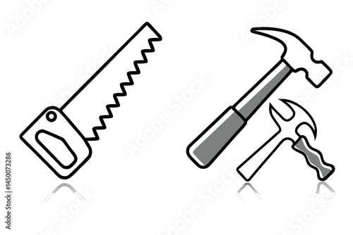 Hand saw and hammer tools, simple line art icons representing construction, repair work, and craftsmanship, DIY tools, line art icon set