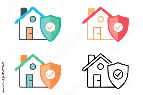 Home insurance icons with shield, house protection, secure home, house and insurance concept, home safety, line art and colored designs, line art icon set