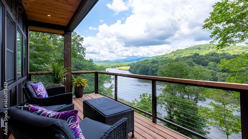 Deck Overlooking River and Mountains