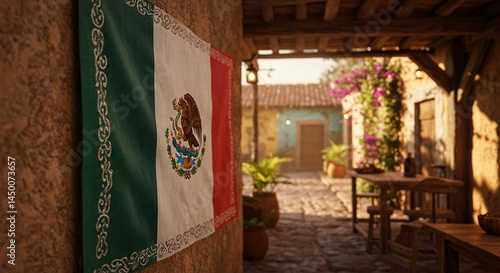 Mexico flag hanging on wall in courtyard with rustic decor