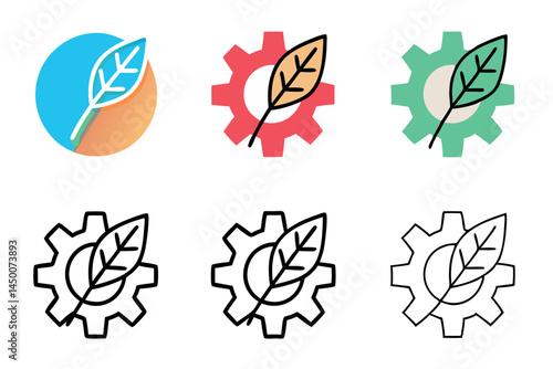 Eco friendly gear and leaf icon, representing green energy, sustainable industry, nature and technology balance, line art design, line art icon set