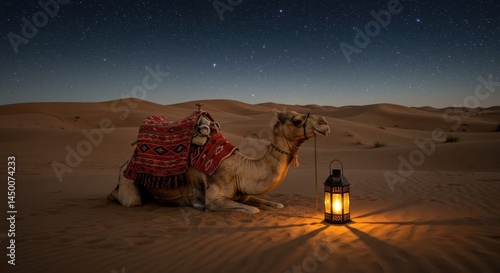 Serene Nightscape: A Camel Resting Underneath the Starlit Desert Sky