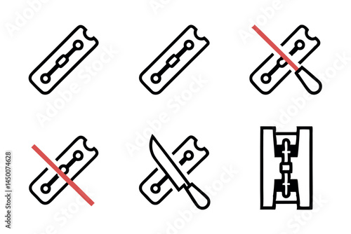 Forbidden razor blade, no razor allowed, safety icon for razor use ban, red slash over razor blade, caution symbol, razor blade restricted line art icon set