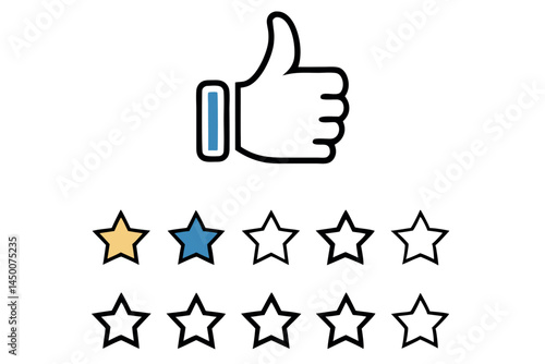 Thumbs up gesture with rating stars showing review and feedback system in simple vector style, perfect for rating and satisfaction illustrations Line art icon set