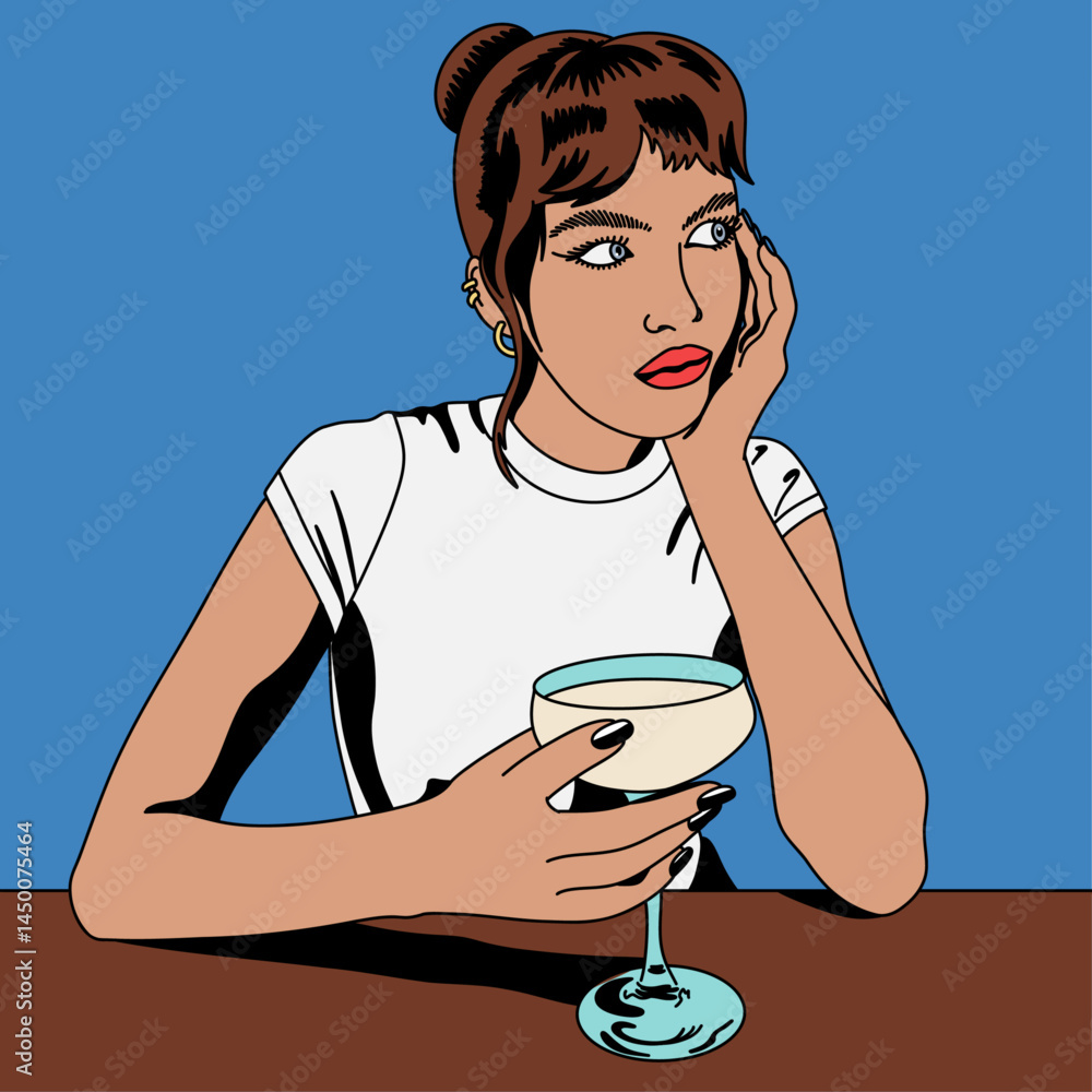 Woman With Brown Hair and Red Lips Thinking and Holding a Cocktail