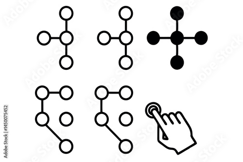 lock pattern with connected dots, showing a secure system being unlocked in a modern vector style Line art icon set