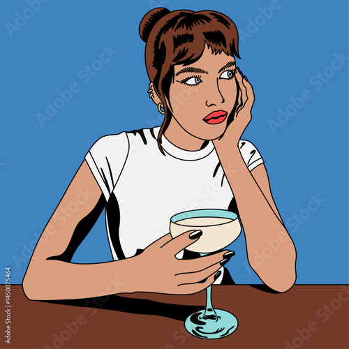 Woman With Brown Hair and Red Lips Thinking and Holding a Cocktail
