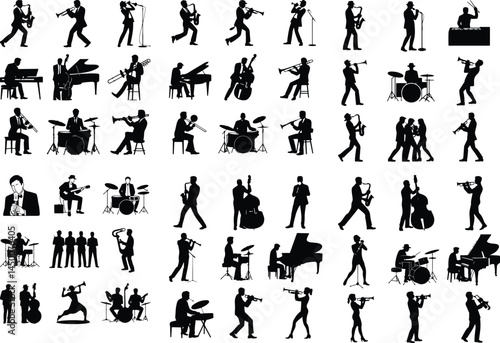 Jazz Musicians Silhouette Set | Saxophone, Trumpet, Drummer & More Jazz Band Silhouettes | Musician Vector Icons Collection
