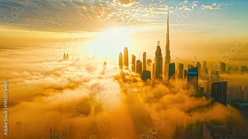 Dubai City Sunrise Foggy