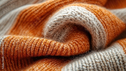 Close-up view of textured, orange and gray striped knit fabric.