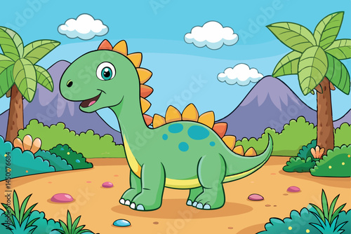 green dinosaur standing in a vibrant nature landscape, surrounded by lush trees, plants, and mountains, perfect for kids to color.